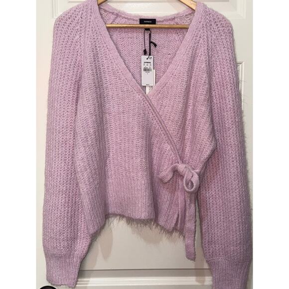 Express Pink Fuzzy Ribbed Surplice Tied Sweater, Women's Size L, NWT - Picture 4 of 8